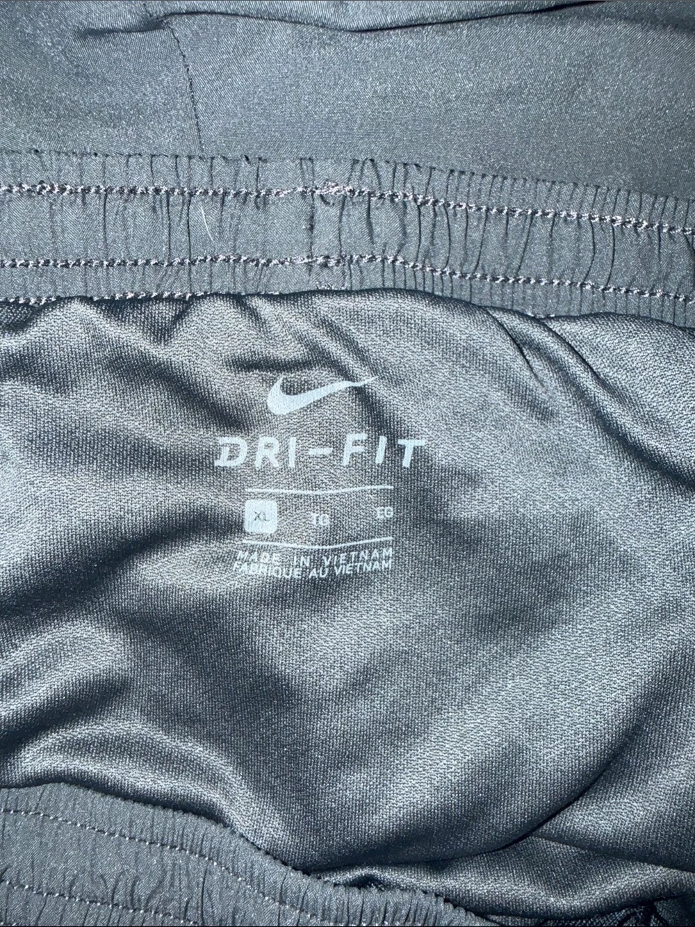 Nike Men's Gray Athletic Shorts Black Side Panels White Swoosh Dri fit pockets